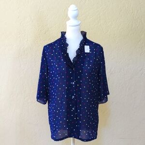 LIKE NEW Blue Ruffle Neck Sheer Polka Dot Short Button Down Blouse Size Medium
